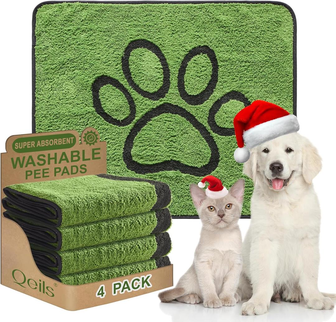 Qeils Reusable Dog Pee Pads, 4 Pack Super Absorbent & Leakproof Washable Puppy Pads with Soft Green Top Layer, for Potty Training, Crates, Couch, Car Seats & Pet Beds, 30"x 34"