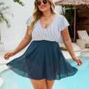Blooming Jelly Women's Plus Size Bathing Suit One Piece Swim Dress Tummy Control Swimsuits Ruffle V Neck Swimwear (Blue, XXXL)