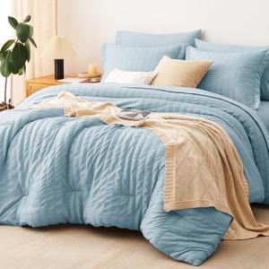 CozyLux Queen Seersucker Comforter Set with Light Blue Bed in a Bag 7-Piece All Season Bedding Set with Comforter, Pillow Sham, Flat Sheet, Fitted Sheet, Pillowcase