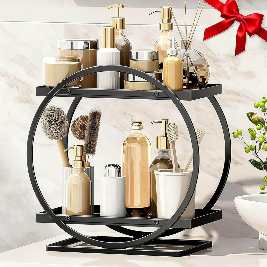 Bathroom Counter Organizer, Black Perfume Organizer for Dresser, 2 Tier Bathroom Organizer Countertop, Vanity Makeup Organizers, Skincare Display Tray for Bathroom Sink Storage