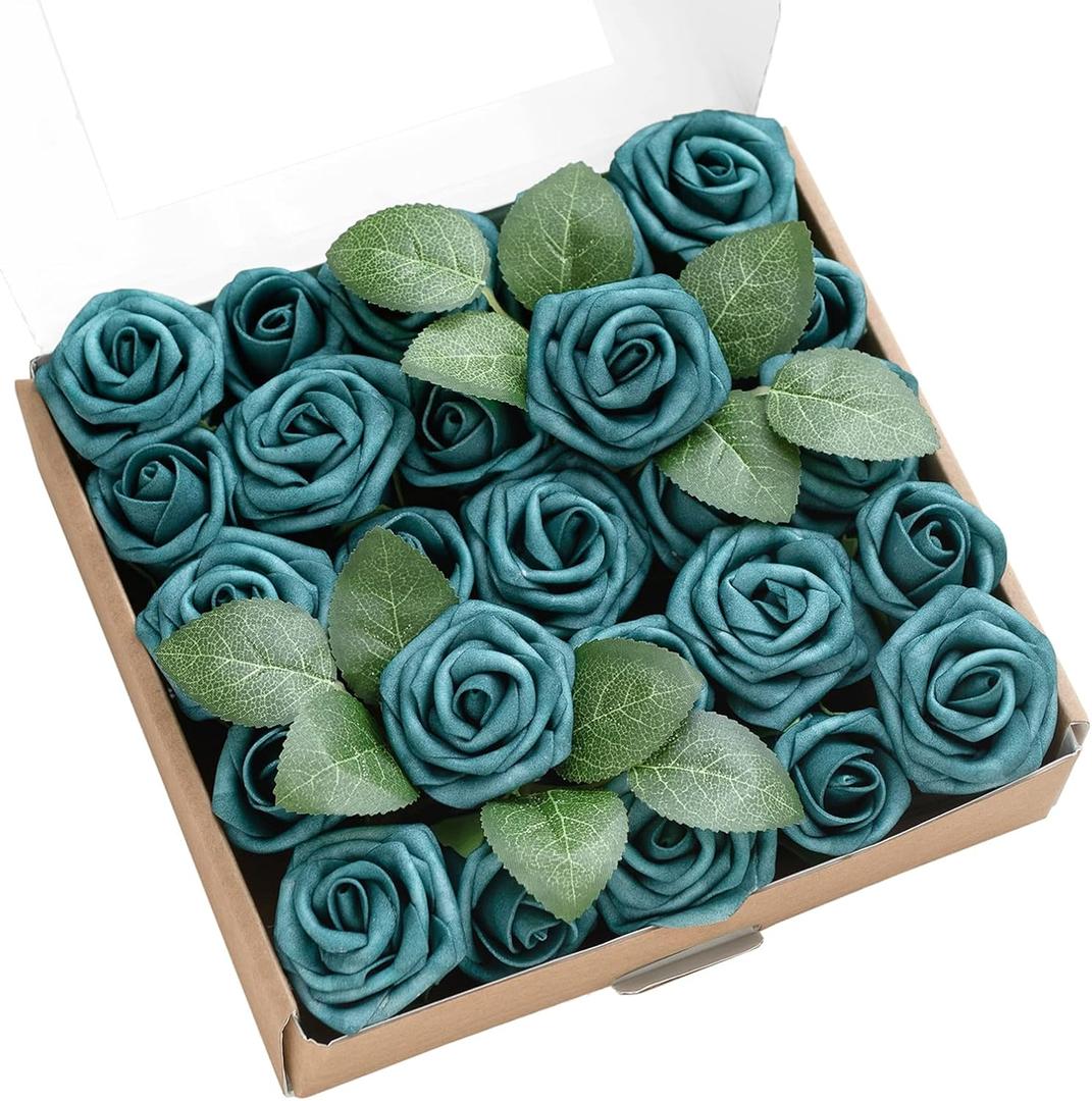 Ling's Moment Artificial Wedding Flowers 1.5" Rose Buds and 2" Petite Roses 25pcs Dark Teal w/Stem for DIY Wedding Boutonniere Wrist Corsages Bouquets Centerpieces Arrangements