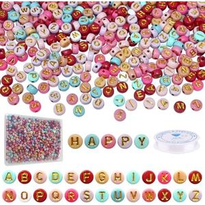 Looconi 1000pcs Colorful Letter Beads Gold 7x4mm and Elastic String with Storage Box for Jewelry Making Bracelet Hair Braids Crafts 2 Pack