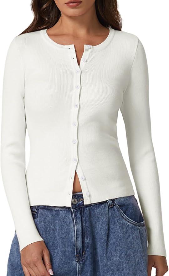 Milumia Women's Button Front Knitted Cardigan Sweater Crew Neck Long Sleeve Slim Fit Tops Size S