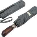 Travel Folding Umbrella with Real Wood Handle Auto Open Close Vented Windproof Canopy - Designed in UK (Herringbone Classic Black)