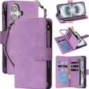 RANYOK Compatible with iPhone 16 Case Wallet - PU Leather Wallet Case for iPhone 16 with Credit Card Holder RFID Blocking Zipper Pocket with Wrist Strap Flip Folio Protective Case (Purple)