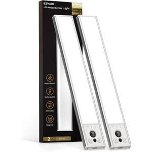 EZVALO 10inch Under Cabinet Lighting, LED Motion Sensor Light Indoor, 2400mAh USB Rechargeable Closet Lights, Dimmable & Magnetic Wireless Under Counter Lights for Kitchen, Pantry, Stairs (2 Pack)