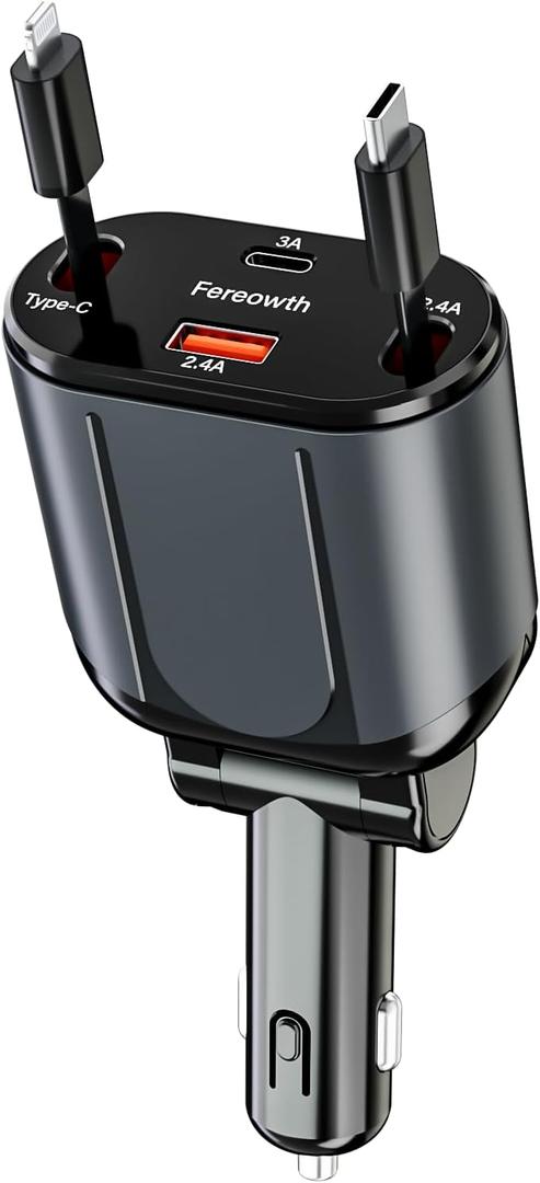 Retractable Car Charge 4 in 1 Fast Car Phone Charger Adapter PD 62W Phone Retractable Cables (31.5 inch) and 2 USB Ports Car Charger， Compatible with iPad,Samsung,Pixe iPhone 15/14/13, Black