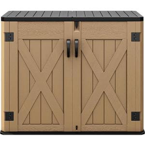 DWVO Outdoor Storage Shed, Weatherproof Resin, 35 Cu Ft Capacity, Horizontal Design, X-Shaped Lockable Door, Suitable for Bike, Garden Tools, Trash Cans, Brown
