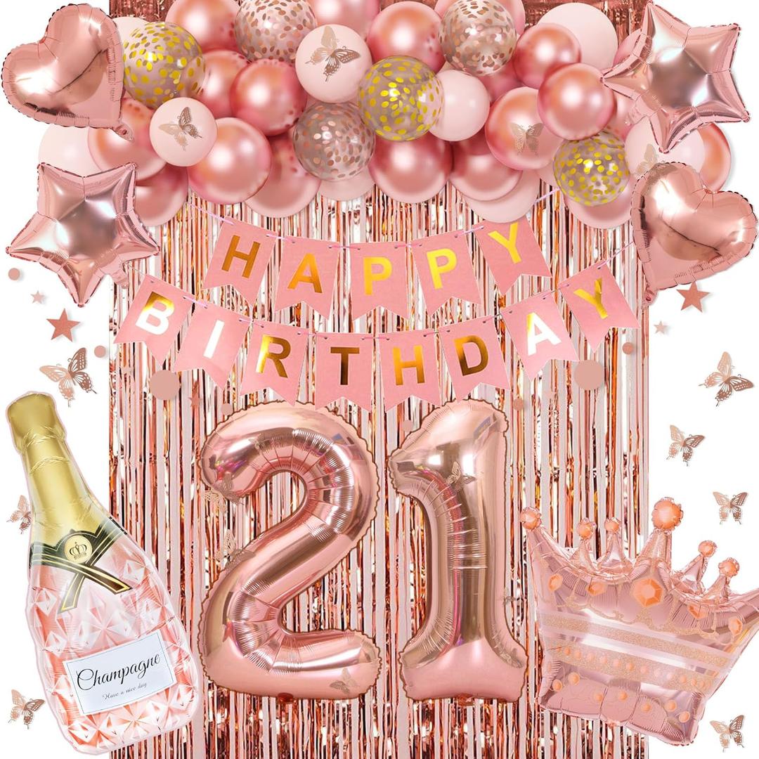 Ouddy Life 21st Birthday Decorations for Her - Rose Gold Party Supplies for Women Girls, Pink Happy Banner, Fringe Curtain, Butterfly Balloons
