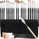 25 PCS Paint Brush Set for Acrylic, Oil & Watercolor, Artist Brush Kit with Flat, Filbert, Fan, Round, Liner, Dagger & Angle Brushes, Synthetic Bristles, Roll-Up Case