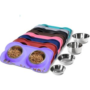Hubulk Pet Dog Bowls 2 Stainless Steel Dog Bowl with No Spill Non-Skid Silicone Mat + Pet Food Scoop Water and Food Feeder Bowls for Feeding Small Medium Large Dogs Cats Puppies (Small, Purple)
