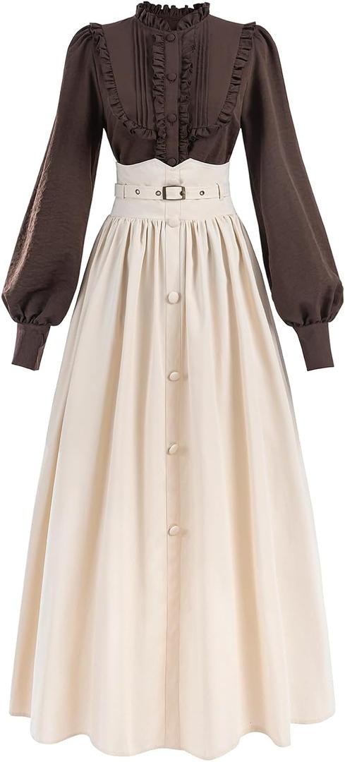 NSPSTT Victorian Dresses Edwardian Dress for Women Long Sleeves Victorian Blouse Maxi Dress Brown, Size Large