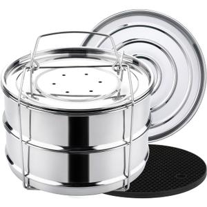 Aozita Stackable Steamer Insert Pans with Sling for Instant Pot Accessories 6/8 qt - Pot in Pot, Baking, Casseroles, Lasagna Pans, Food Steamer for Pressure Cooker, Upgrade Interchangeable Lids