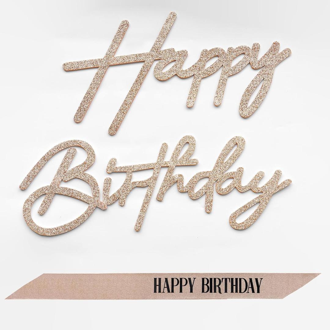 2 x Happy Birthday Sign and Sash Set - Glitter Felt Birthday Sign for Backdrop with Adjustable Rose Gold Birthday Sash for Women, Girls, Party Decorations & Photo Props