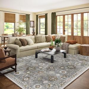 Machine Washable Rug for Living room: 8x10 Area Rugs Boho Vintage Rugs Stain Resistant Non Slip Low Pile Lightweight Soft Carpet for Bedroom Kitchen Dining Room Nursery Kids Room Farmhouse Home Office (Grey)