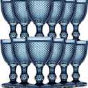 Bokon 12 Pack Blue Glass Goblets Set 10 oz High Clear Wine Glass Vintage Water Goblets Cups Embossed Diamond Design Glassware with Stem for Drinking Juice Liquor Party Wedding Bar