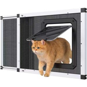 Bug-Proof Screen Cat Door for Window,22"-28.5" Adjustable Width,1-Min Install | Stainless Steel Mesh + Aluminum Frame | Ventilated | Magnetic Closure Sliding Pet Door Window Insert for Cats