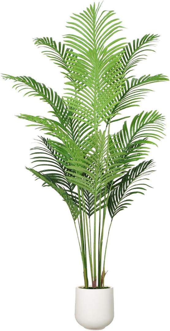 Artificial Palm Tree 6FT with White Planter, Realistic Faux Tropical Plant with Lifelike Green Leaves, Indoor Artificial Plant for Modern Home Decor