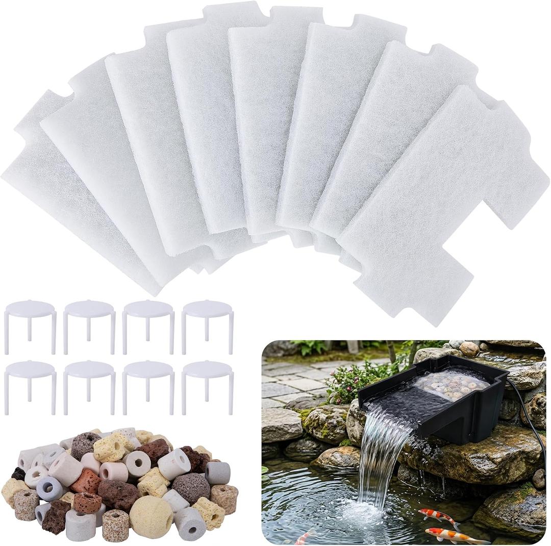 Adnee 17 Pcs Pond Waterfall Spillway Filter Media, 8 Inch Waterfall Box Filter Pad with Bracket and Ceramic Rings, Reusable Pond Filter Replacement Mat to Maintain Water Quality, No Spillway Included