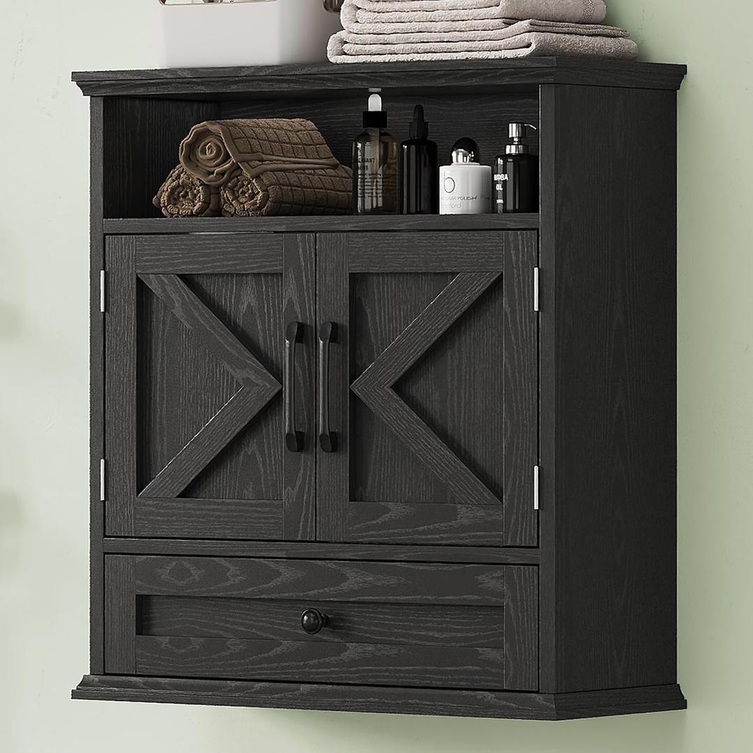 Bathroom Wall Cabinet, Wall Mounted Medicine Cabinet with Drawer, Barn Door & Adjustable Shelf, 24.4"H x 23.6"W x 9"D Black Over Toilet Farmhouse Storage Cabinet for Kitchen, Laundry, Entryway