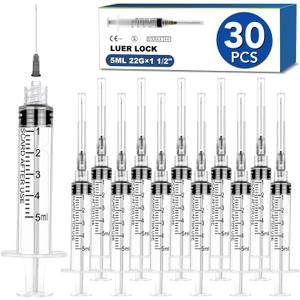 30 Pack 5ml Syringes with Needle-22Ga 1.5 Inch Needle with Luer Lock, Individually Sealed Packaging