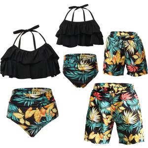 Matching Family Swimsuits Ruffle Bathing Suits Mommy and Me Swimwear Two Pieces Bikini Set (X-Large, Black)