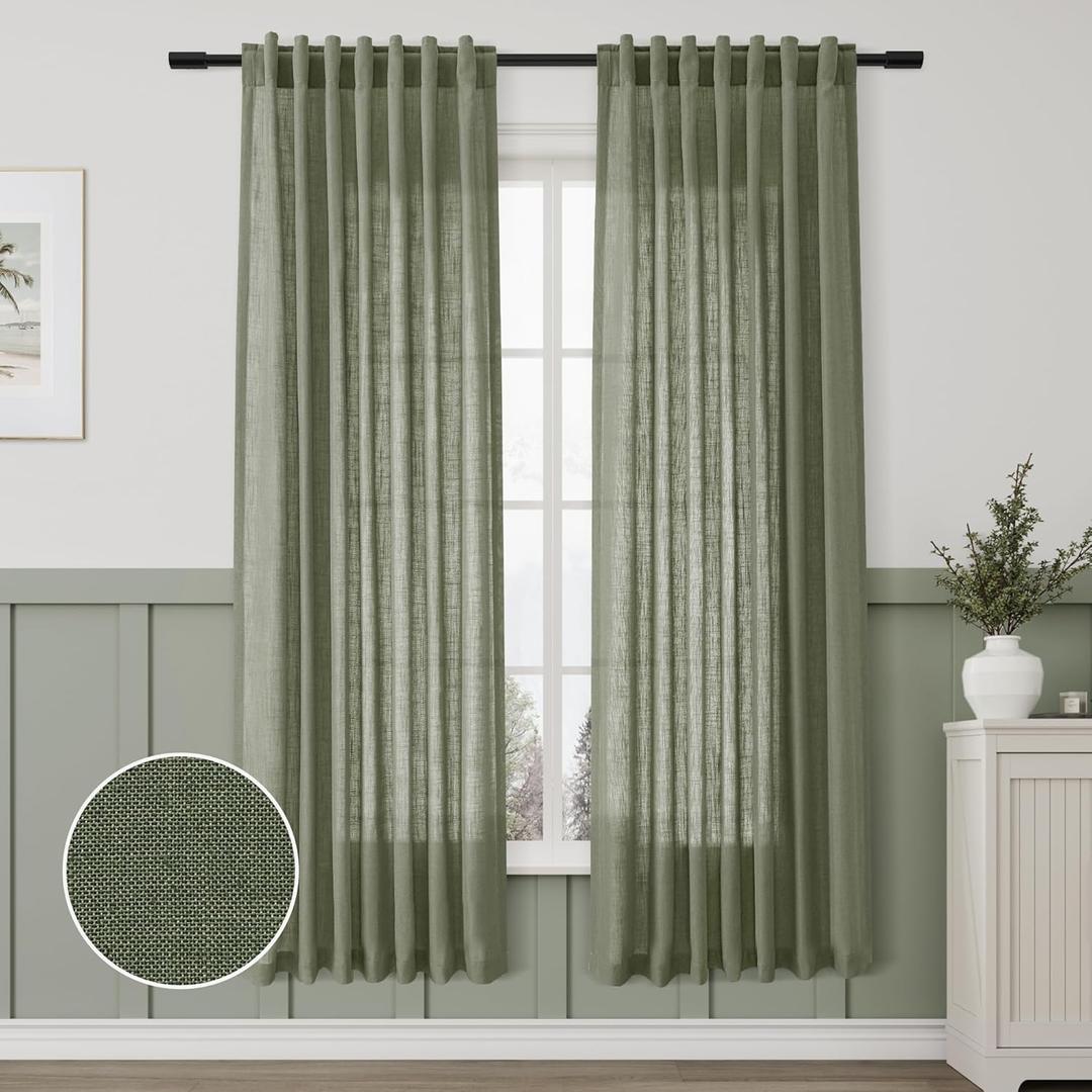 Aersas Olive Green Linen Textured Curtains 72 Inches Long for Living Room 2 Panel Set Back Tab Rod Pocket Semi Sheer Luxury Curtains Pleat Boho Window Curtain Decor for Dining Room Bedroom 52x72