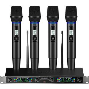 Aokeo Wireless Microphones System, 4 Channel UHF Wireless Mics, with 4 Handheld Dynamic Microphones, Metal Receiver for Karaoke, Singing, Wedding, Party, Speech
