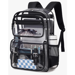 Large Clear Backpack Transparent Heavy Duty School PVC Bookbag See Through Bag Boys and Girls for College Work Travel Security, Black
