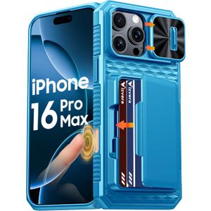 Vizvera for iPhone 16 Pro Max Case Wallet RFID [Cards Holder][Camera Control][Camera Cover] Full Body Rugged Shockproof Silicone Protective Phone Case for iPhone 16 Pro Max 6.9"(Blue) (16 Pro Max Wallet Case)