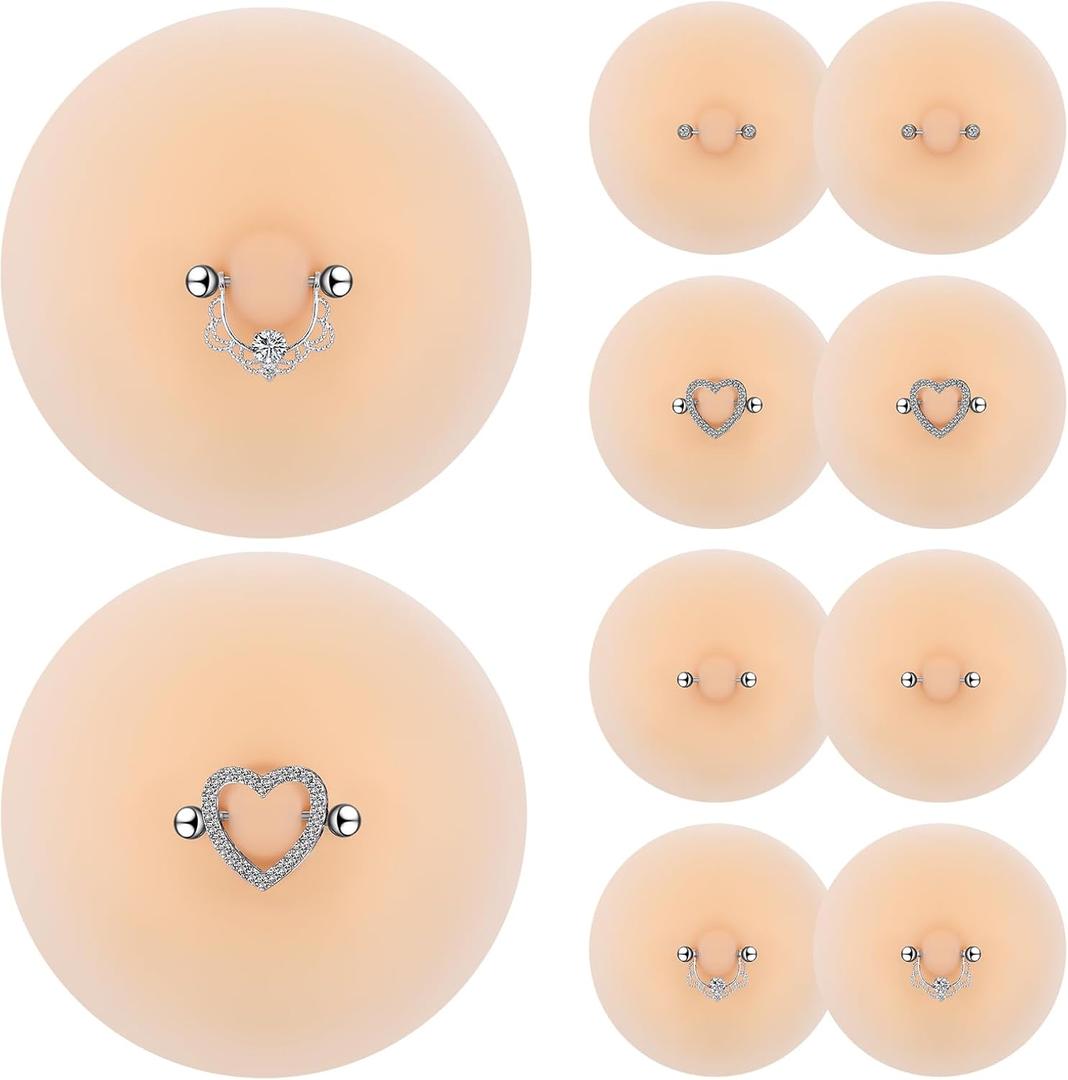 Tondiamo 4 Pairs Silicone Nipple Covers with Piercing Diamond Adhesive Reusable Nude Nipple Pasties Fake Pasties Diamond Zircon Ring for Women With Piercing