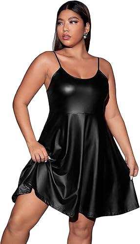 WDIRARA Women's Plus Size Spaghetti Strap Pu Leather Flared Hem A Line Cami Dress, Black  XL