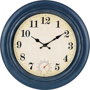 Large Outdoor Clocks Waterproof with Thermometer Combo Rustic Coastal Wall Clock Decor for Patio Pool Bathroom (18 Inch,Blue)