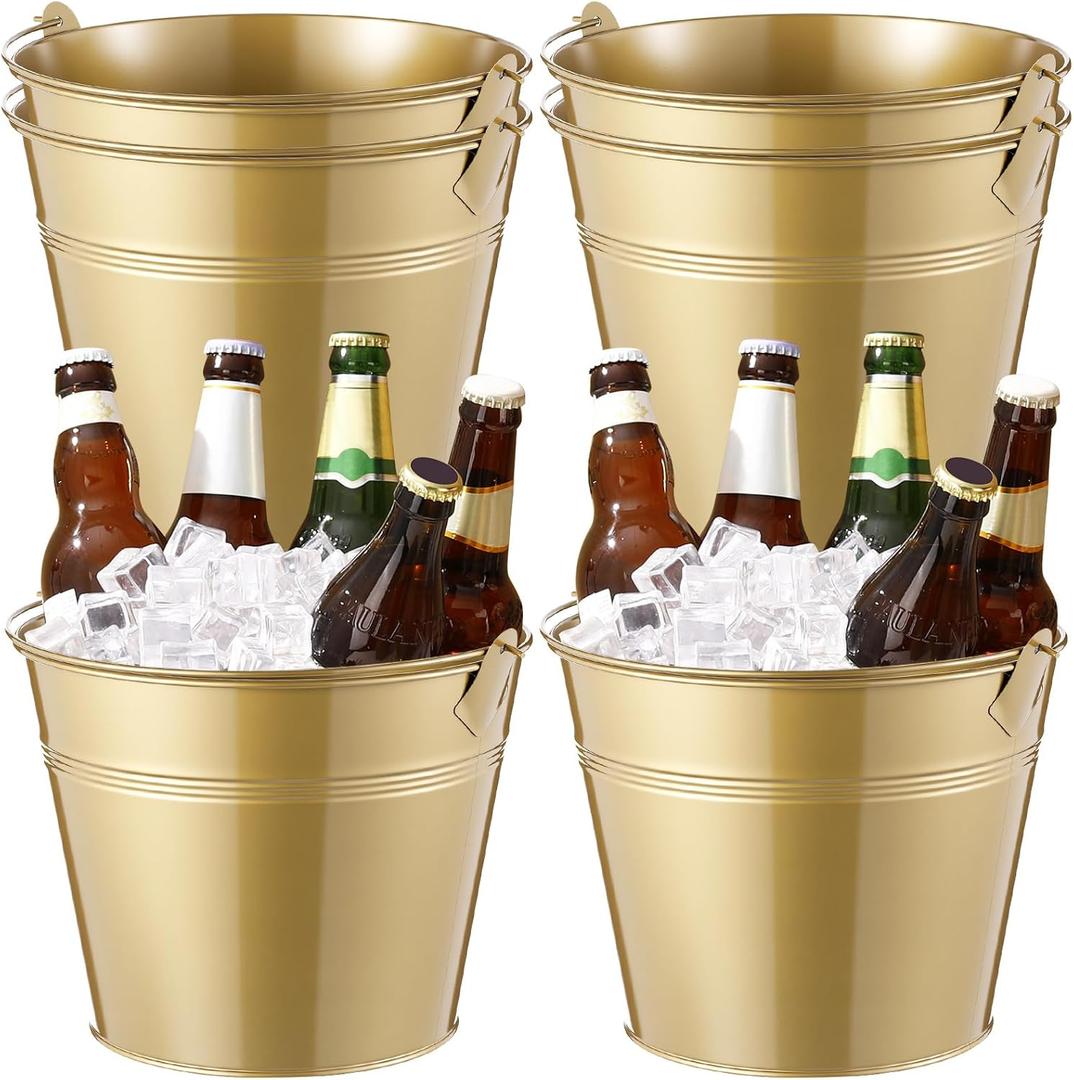 Didaey 6 Pcs Metal Beer Bucket Bulk Ice Bucket Ice Pails with Handle Champagne Soda Party Beverage Chiller for Summer Picnic Pool Wedding Party Supplies Wine Champagne Bar (9.1 x 7.1 x 6.7",Gold)