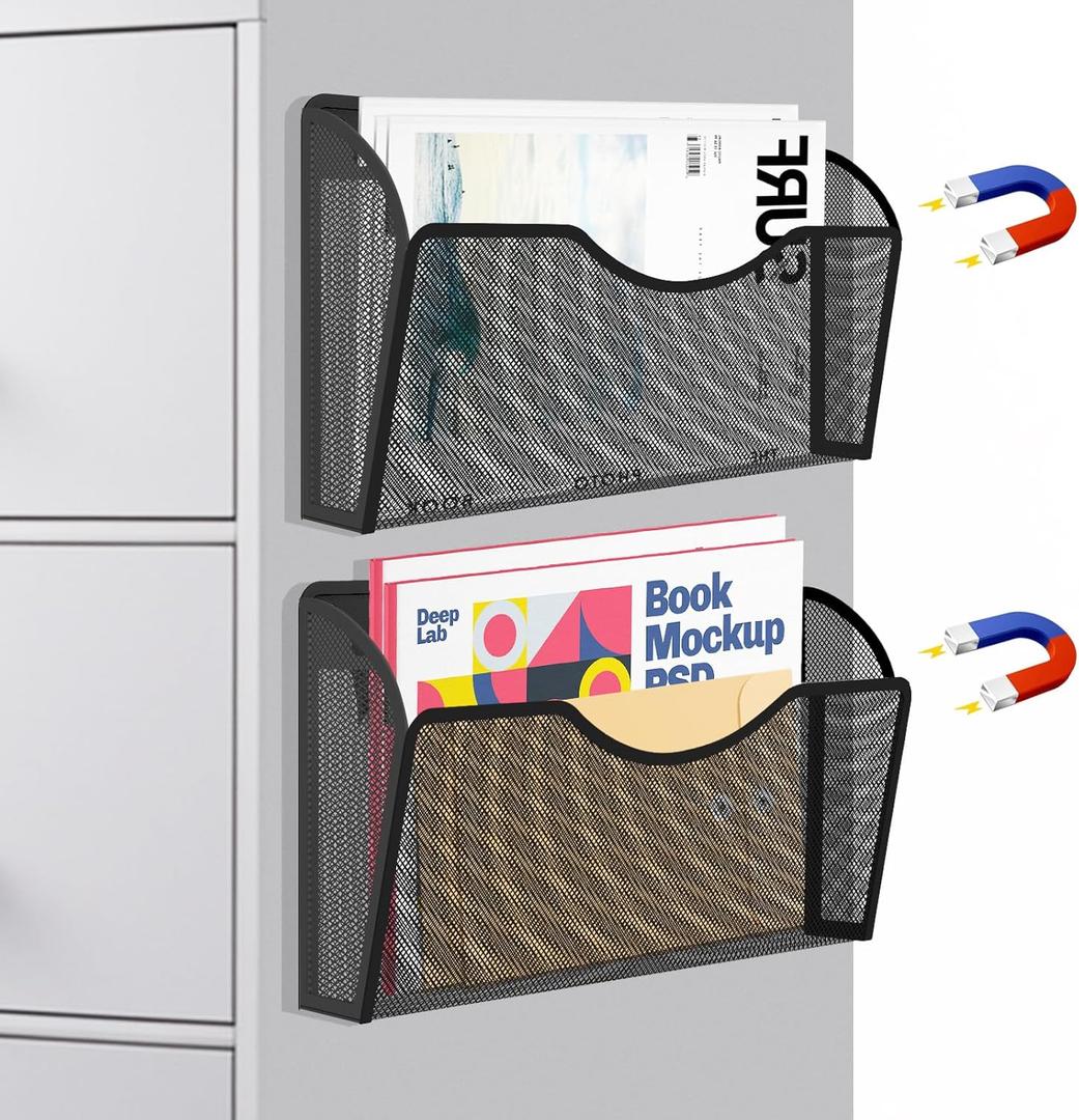 Magnetic File Holder 2 Pockets File Folder Organizer, Office Hanging Magazine Rack for Refrigerator, White Board, No Drilling Paper Document Holder Mail Organizer for File Cabinets,2 Pieces Black