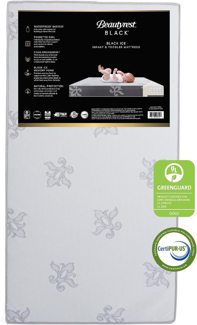 Beautyrest Black BlackICE 2-Stage Premium Crib and Toddler Mattress - CertiPUR-US Certified/Greenguard Gold Certified - Waterproof - Cooling Memory Foam, White/Grey