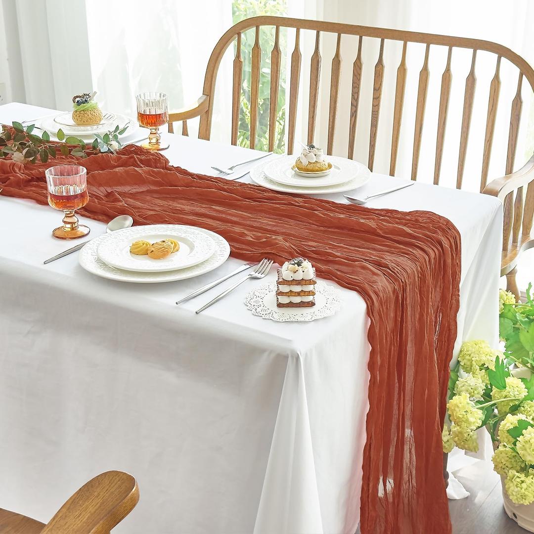 IVAPUPU 2 Pcs Cheesecloth Fall Thanksgiving Table Runner - 10ft Terracotta Boho Gauze Cheese Cloth Table Runner for Baby Shower Decoration Wedding Party Summer Garden Farmhouse