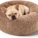 Dog Calming Beds for Small Medium Large Dogs - Round Donut Washable Puppy Dog Bed, Anti-Slip Faux Fur Fluffy Donut Cuddle Anxiety Cat Pet Bed(20'' Khaki