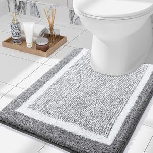 Toilet Rugs U-Shaped 24x20, Extra Soft and Absorbent Microfiber Bathroom Rugs, Non-Slip, Machine Wash Dry, Plush Shaggy Contour Bath Mats for Toilet Base (Grey and White) 