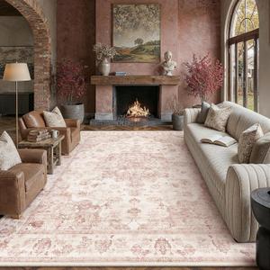 10x12 Neutral Area Rug Pink Vintage Living Room Bedroom Washable Carpet Non-Slip Soft Low Pile Farmhouse Indoor Large Throw Rug for Dining Room Office