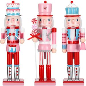 Geetery 3 Pcs Valentine Nutcracker Figures Decor 14 Inch Wood Pink Nutcracker Table Centerpiece Valentine Gift for Holiday Shelves Indoor Tabletop (Cake Style)