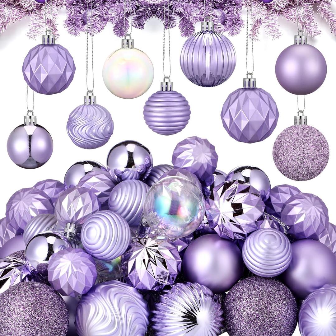 64 Pcs Lilac Purple Christmas Ball Ornaments Lavender Purple Christmas Ornaments Shatterproof Xmas Tree Decorations Set 1.6/1.97/2.4 Inch Light Pastel Purple Christmas Decor for Tree Home