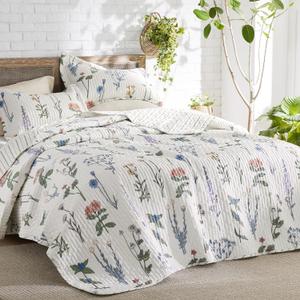 Bedsure Floral White Quilt Set - Queen Size Reversible Quilt Bedding Set, 3 Pieces Lightweight Bedspread, Soft Botanical Bed Coverlet with 2 Pillow Shams for All Seasons (90"x96") (06 - Coconut White)
