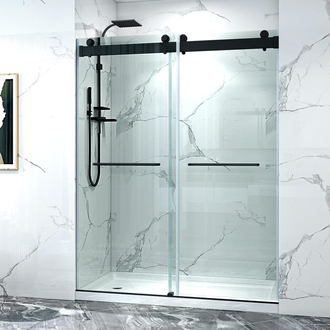 56-60" W x 76" H Frameless Sliding Shower Door, Double Sliding Glass Shower Door with Buffer 3/8"(10MM) Clear SGCC Tempered Glass, Explosion-Proof Film, Roller Disk System, Rust-Resistant. (Matte Black)