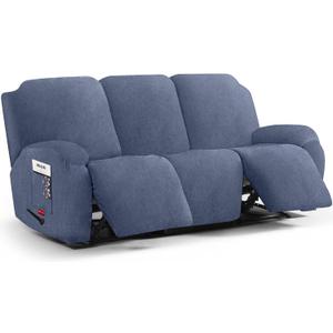 Stretch Recliner Sofa Cover - 5 Pieces Plush Fabric Slipcovers & Durable Furniture Protector for Reclining Couch, Ideal for Kids and Pets (3 Seater, Blue Gray)