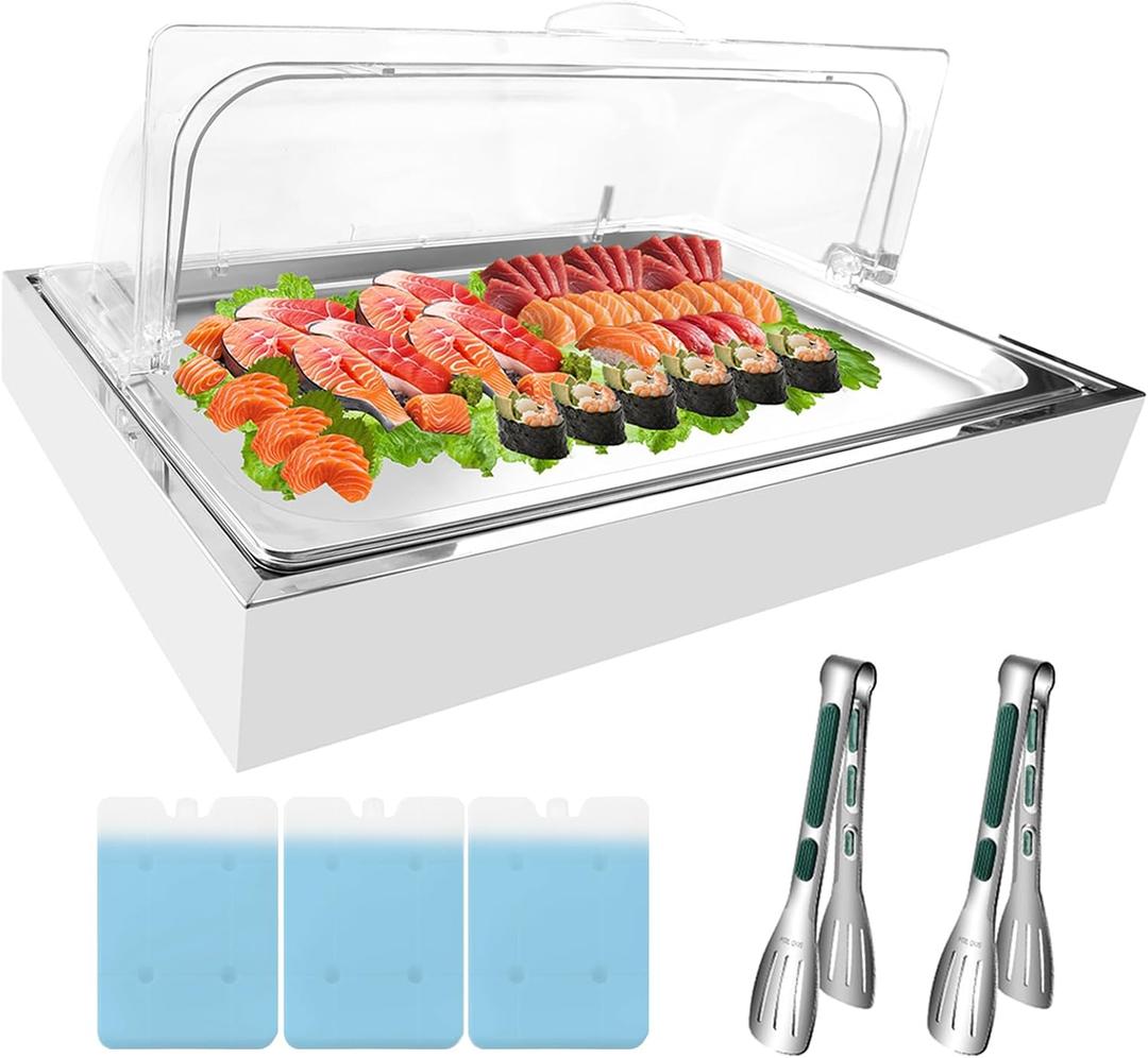 Ice Food Serving Display Tray with Clear Roll Top Cover & 2 Stainless Steel Tongs, Chilled Buffet Server Food Display Platter with 3 Ice Packs for Seafood, Parties, Catering & Hotel