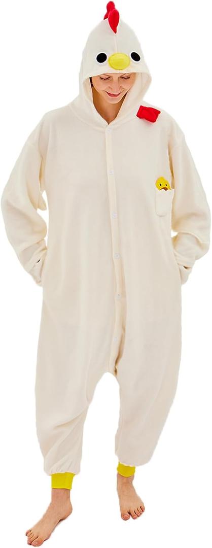 NEWCOSPLAY Animal Onesie Costume Adult Pajamas Rooster Plush One Piece Cosplay Costume (Medium, White Chicken)