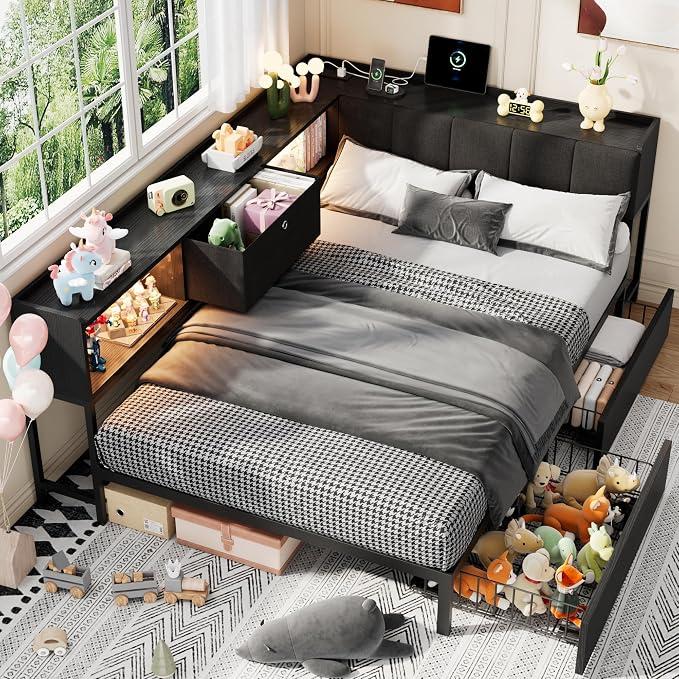 Feonase Twin Corner Bed Frame with Storage Drawers, Hidden Headboard, Dark Black