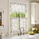 jinchan Floral Kitchen Curtains Set 24 Inch Length Farmhouse Linen Cafe Curtains and Valance Set for Living Room Bathroom Small Window Treatments Rod Pocket 3 Panels Blue on Linen