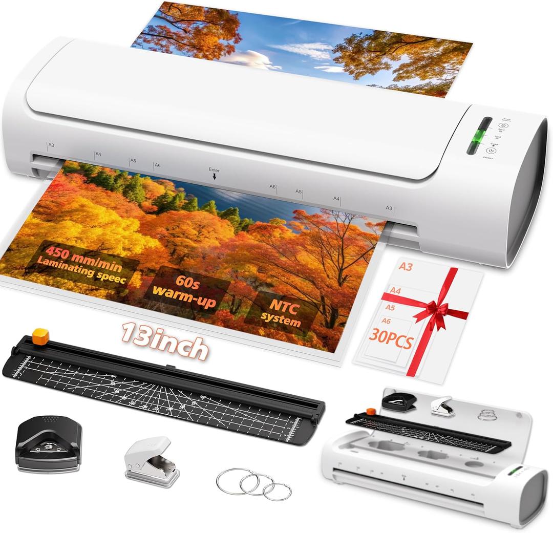 13 Inch Laminator Machine with 30 Laminating Sheets, A3 11-in-1 Hot & Cold Thermal Laminator for Teachers, 60S Fast Warm-Up, 450mm/min, Never-Jam Design Laminate for Home, Office, School -White